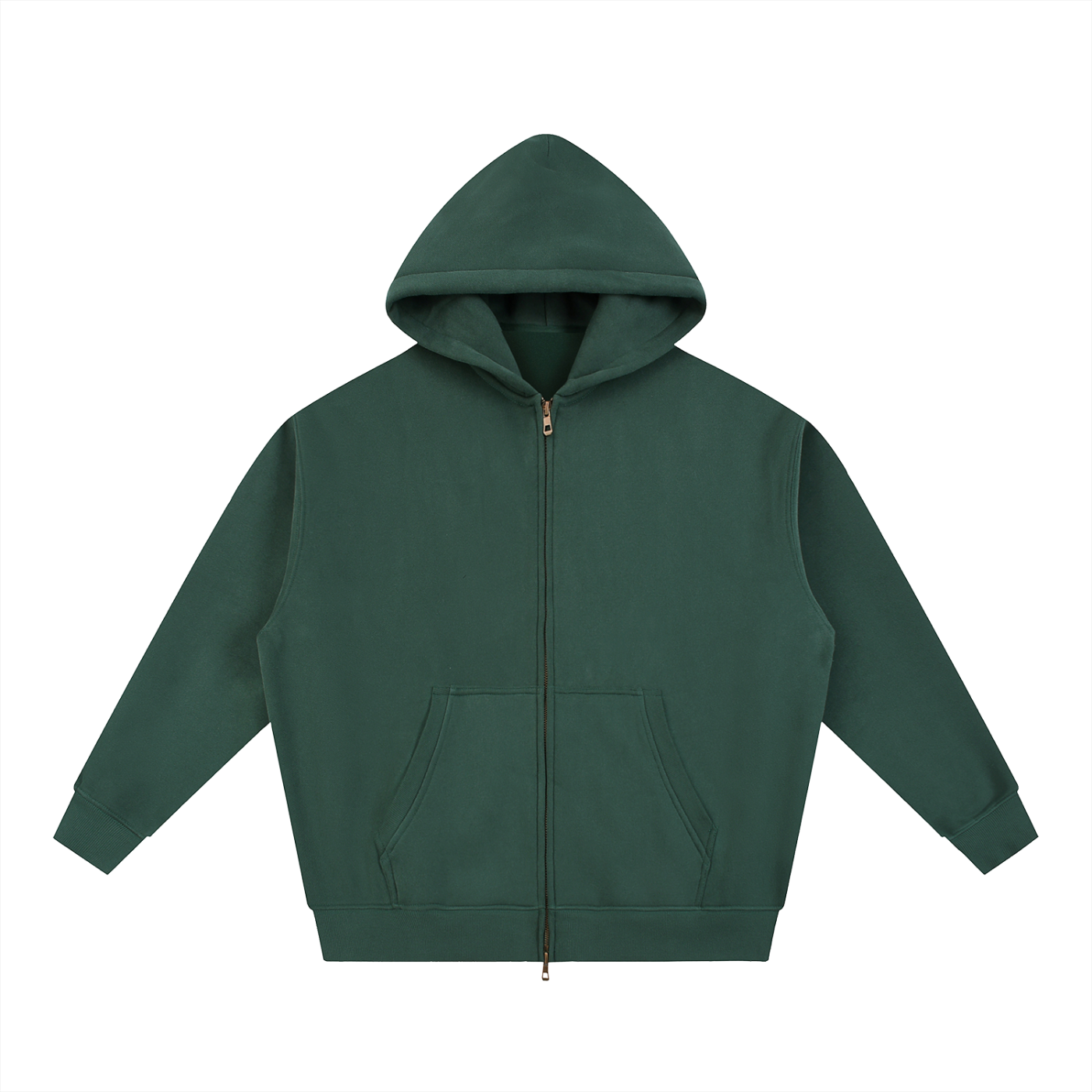 Dark green hooded zip-up sweatshirt.
