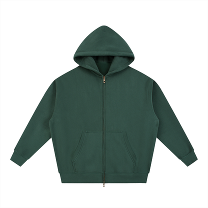 Dark green hooded zip-up sweatshirt.