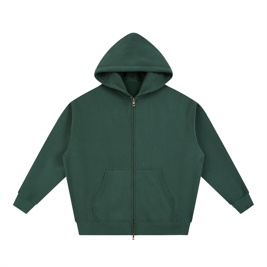 Dark green hooded zip-up sweatshirt.