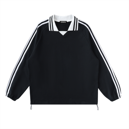 Black long-sleeve shirt with white striped sleeves and collar.

