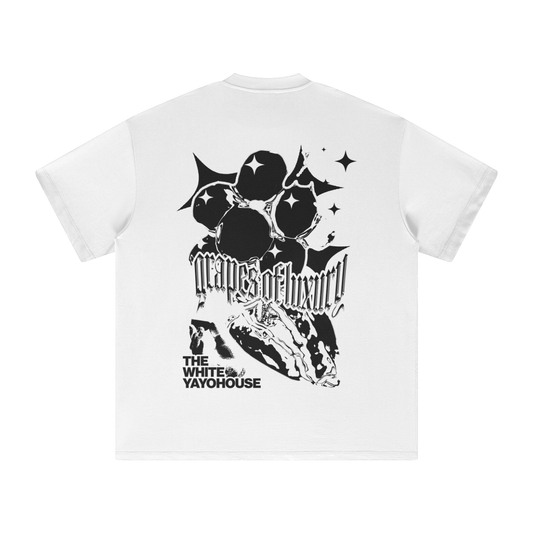 White t-shirt with a black graphic print.