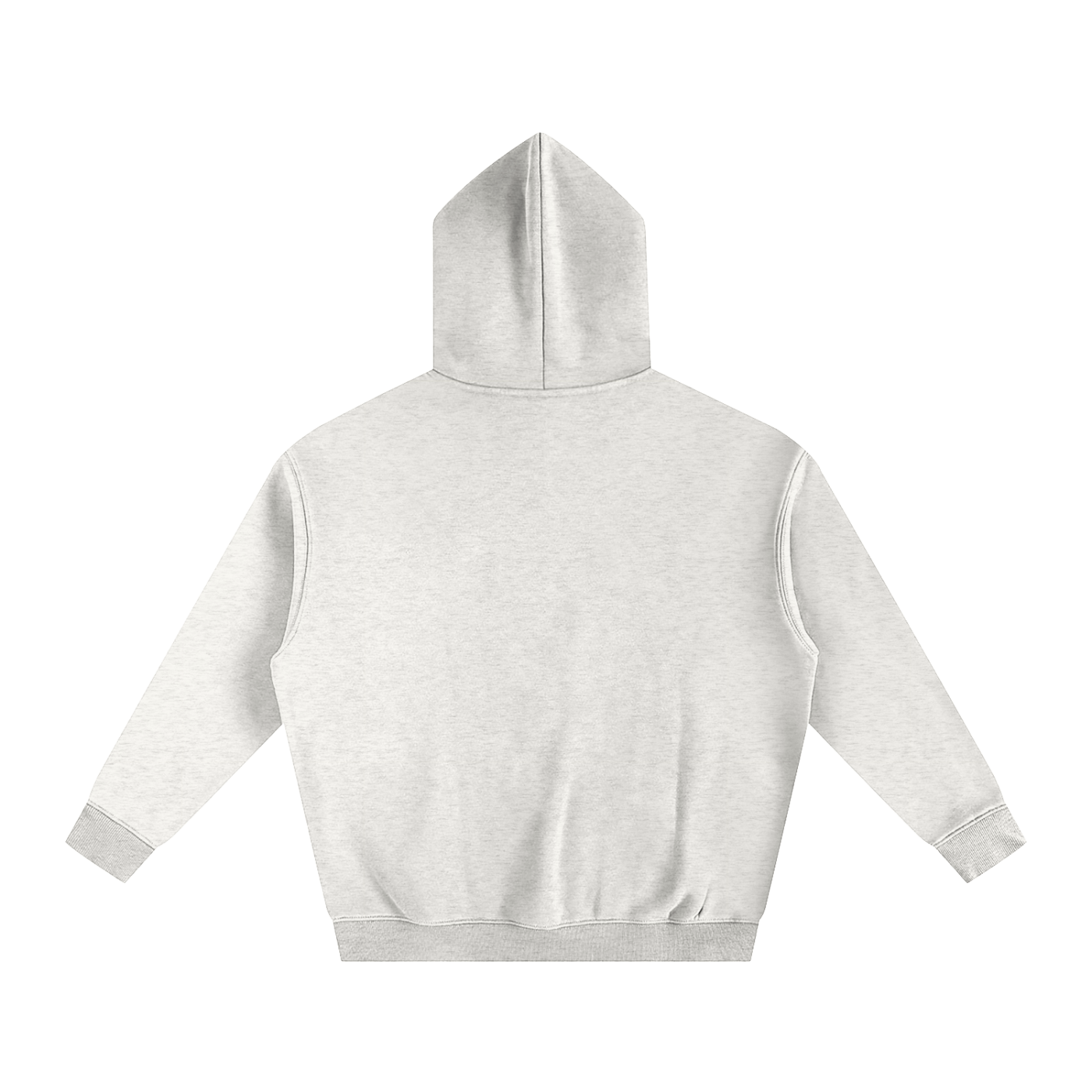 Back of a heather-grey hoodie with a hood.