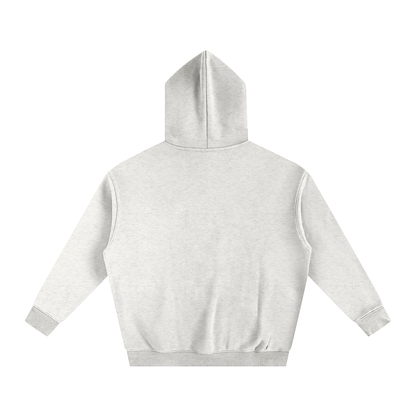 Back of a heather-grey hoodie with a hood.