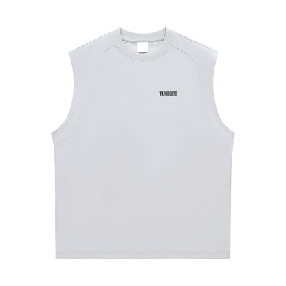 White sleeveless shirt with logo.