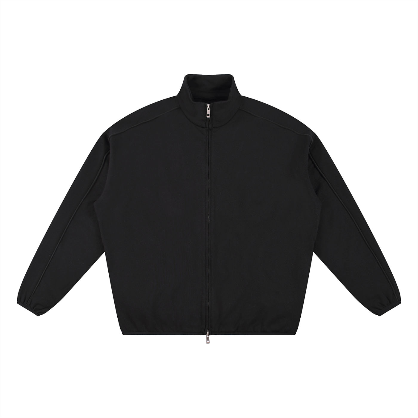 Black zip-up track jacket.
