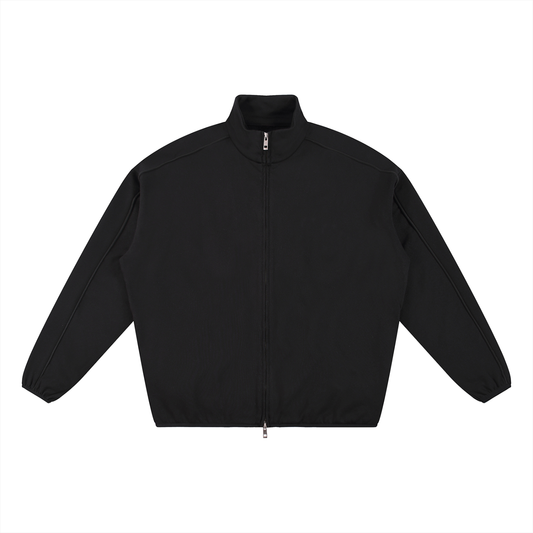 Black zip-up track jacket.
