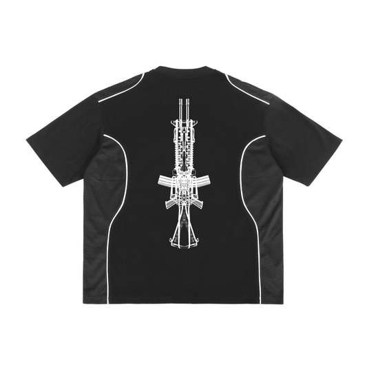 Black t-shirt with white gun graphic.