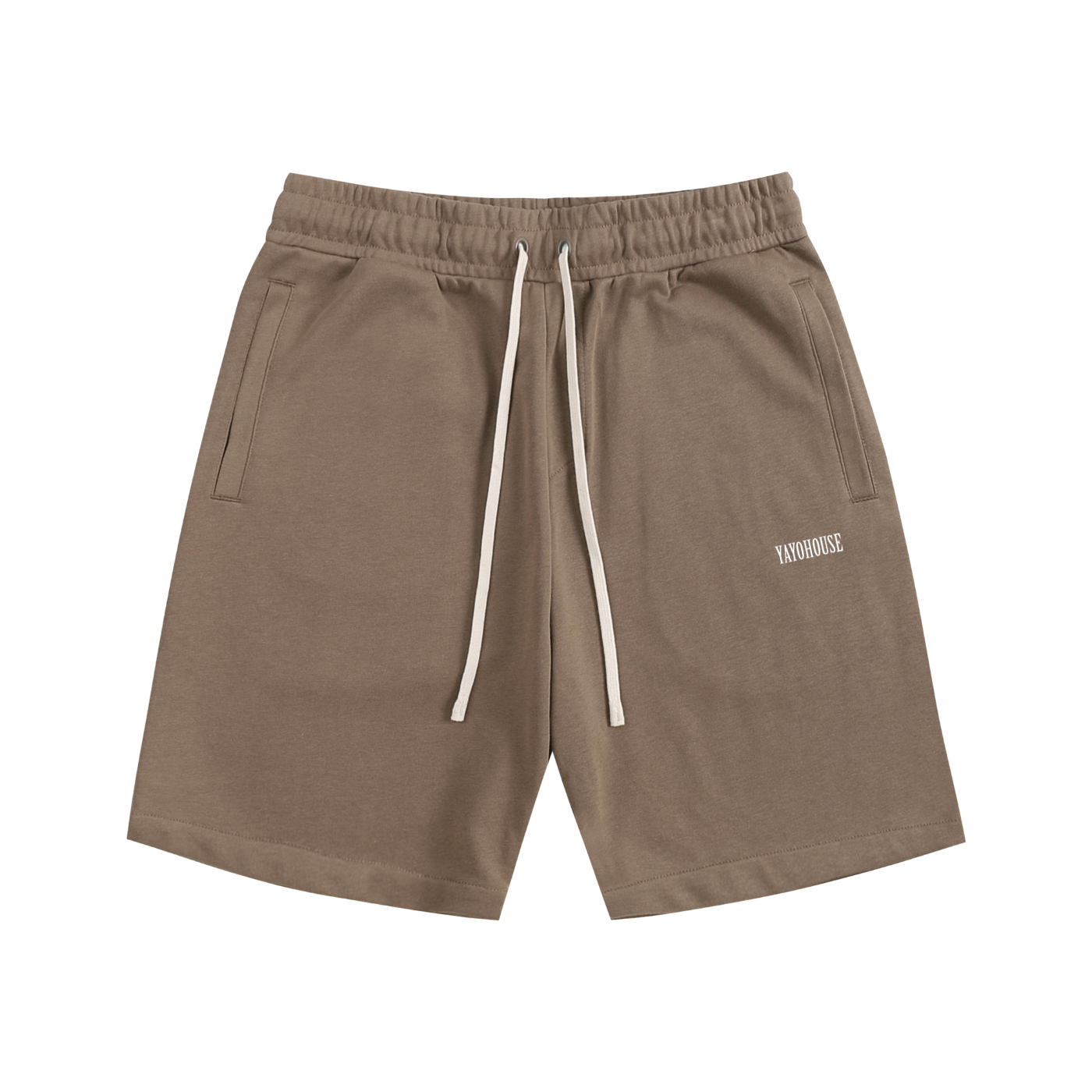 Brown lounge shorts with white drawstring.