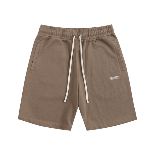 Brown lounge shorts with white drawstring.