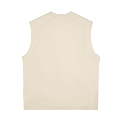 Back of a beige, sleeveless shirt.