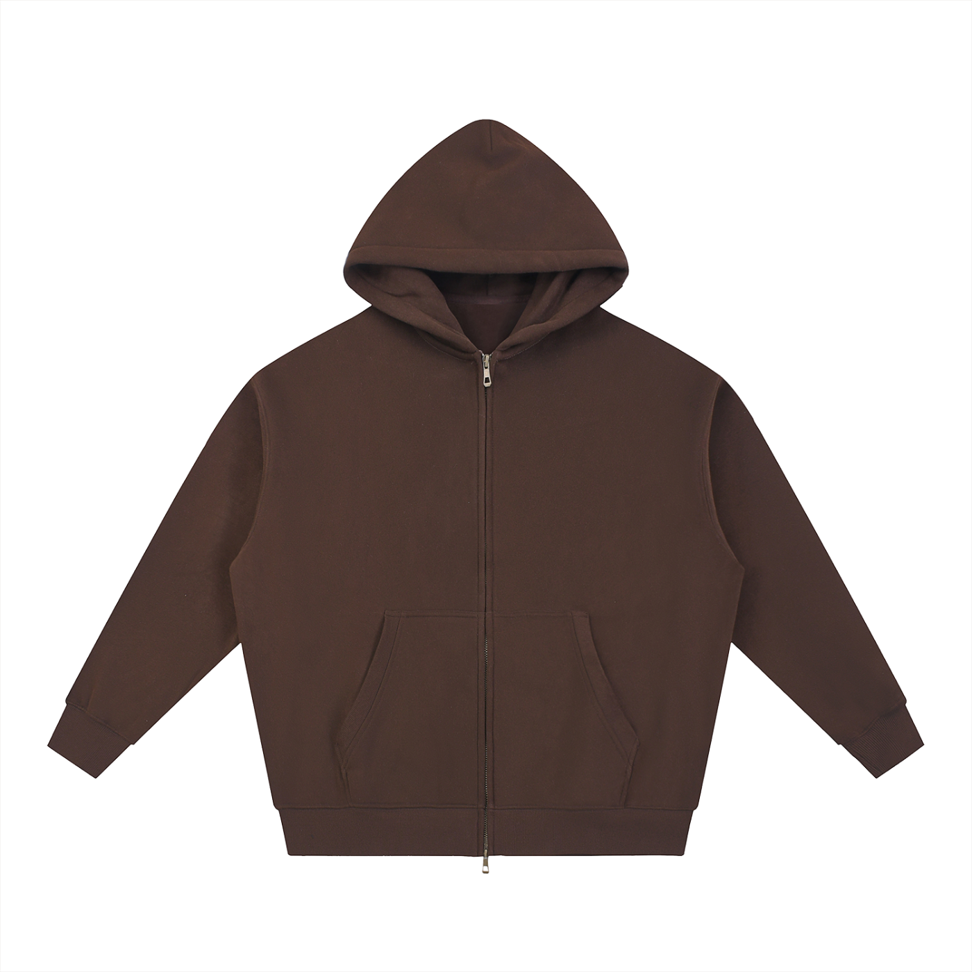 Brown zip-up hoodie with a hood and pockets.