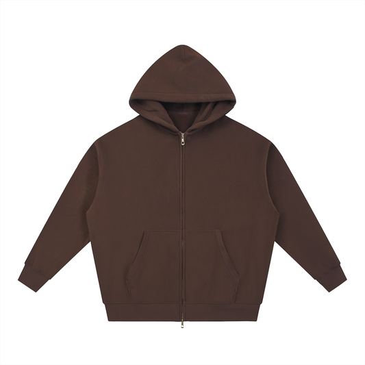 Brown zip-up hoodie with a hood and pockets.