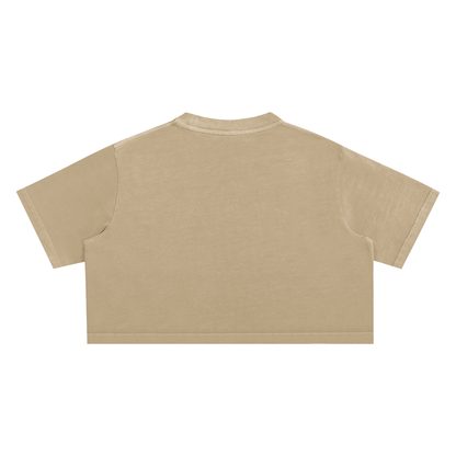 Tan, cropped t-shirt, viewed from the back.
