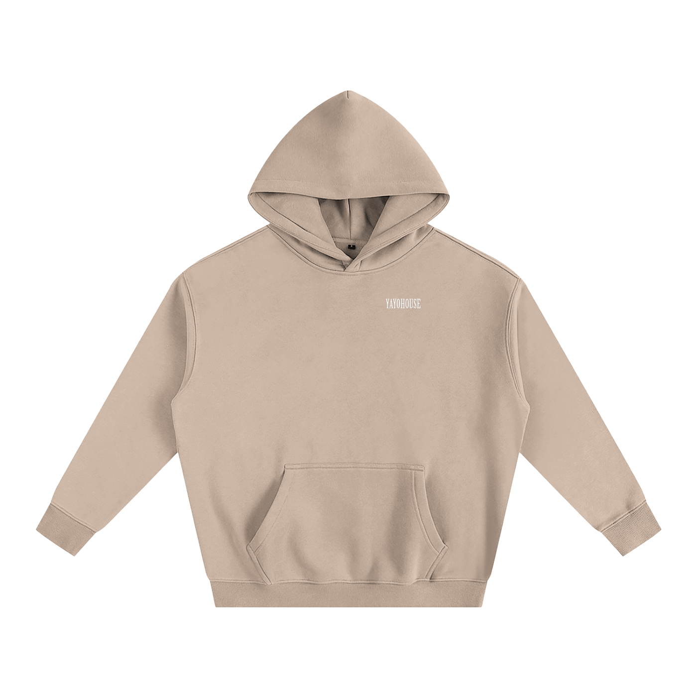 Tan hooded sweatshirt.
