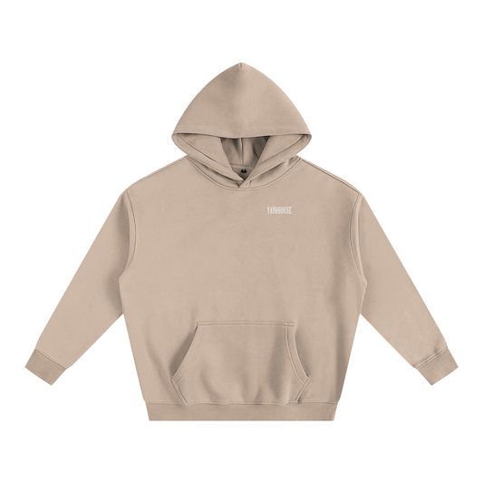 Tan hooded sweatshirt.
