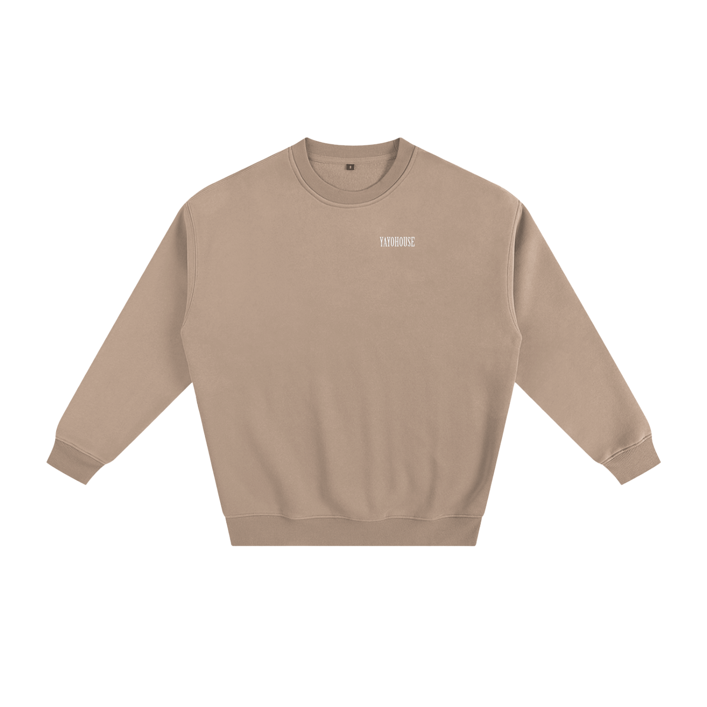 Tan crew neck sweatshirt with white lettering.