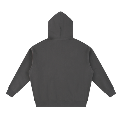 Back view of a gray hooded sweatshirt.