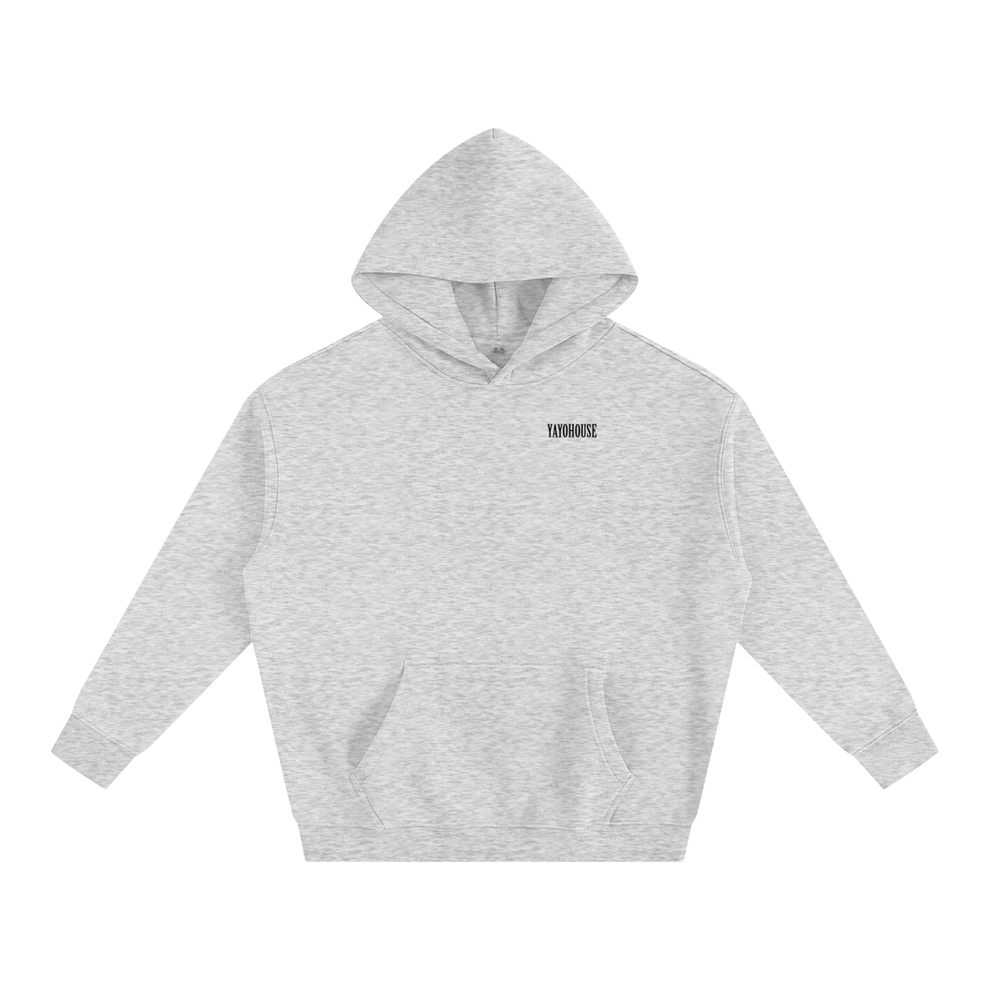 Gray heathered hoodie with kangaroo pocket and "YAYOHOUSE" logo.
