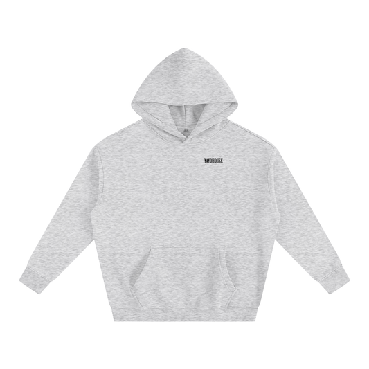 Gray heathered hoodie with kangaroo pocket and "YAYOHOUSE" logo.
