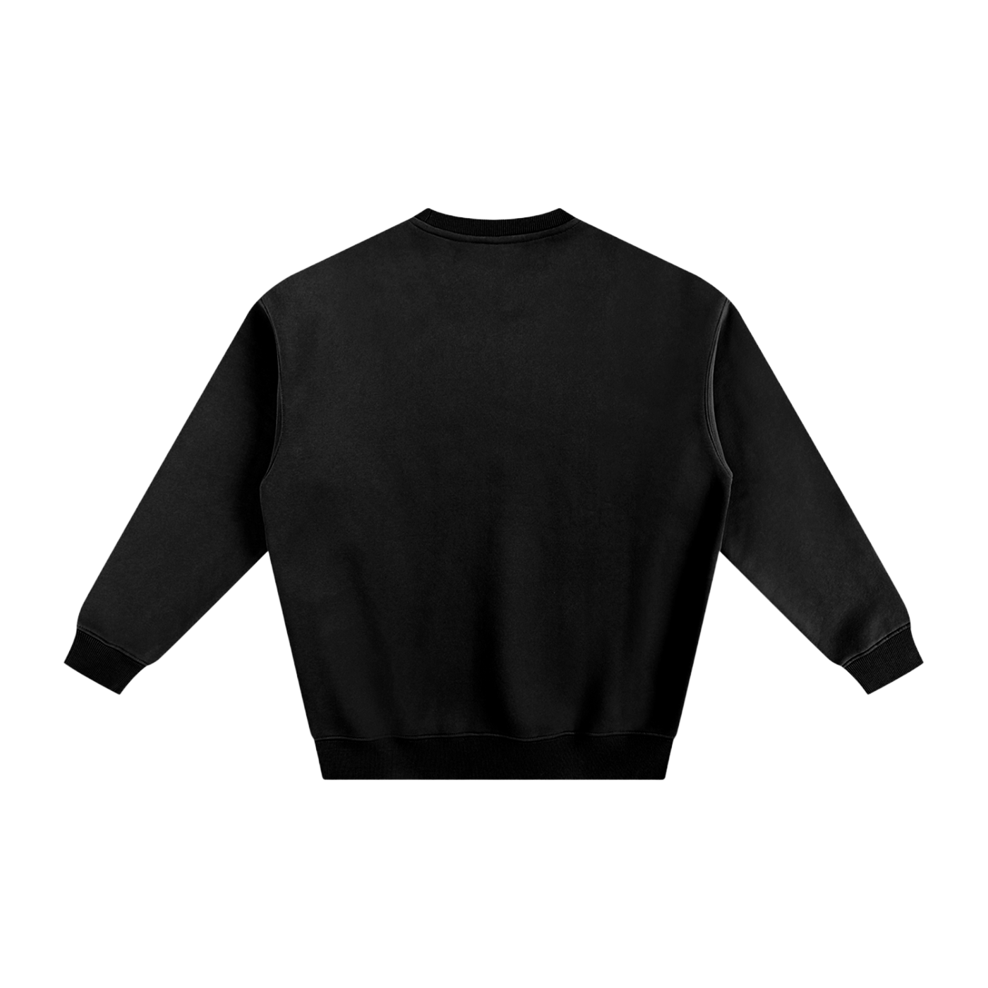 Black crewneck sweatshirt, back view.
