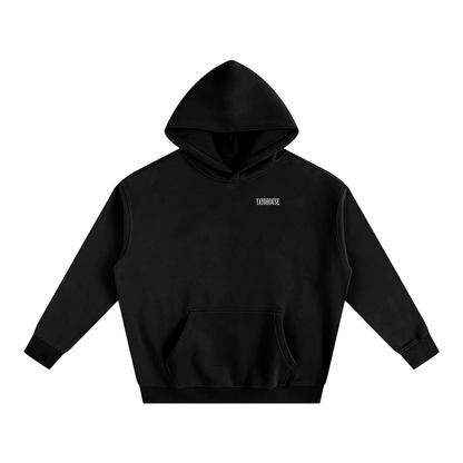 Black hooded sweatshirt with kangaroo pocket.