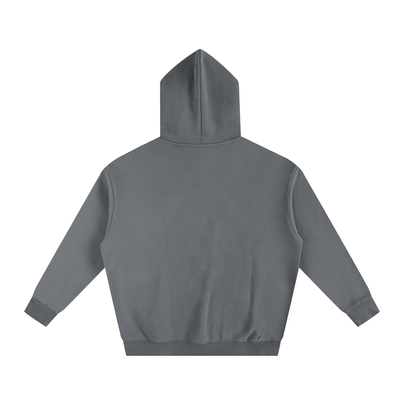 Back view of a gray hooded sweatshirt with long sleeves.