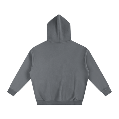 Back view of a gray hooded sweatshirt with long sleeves.