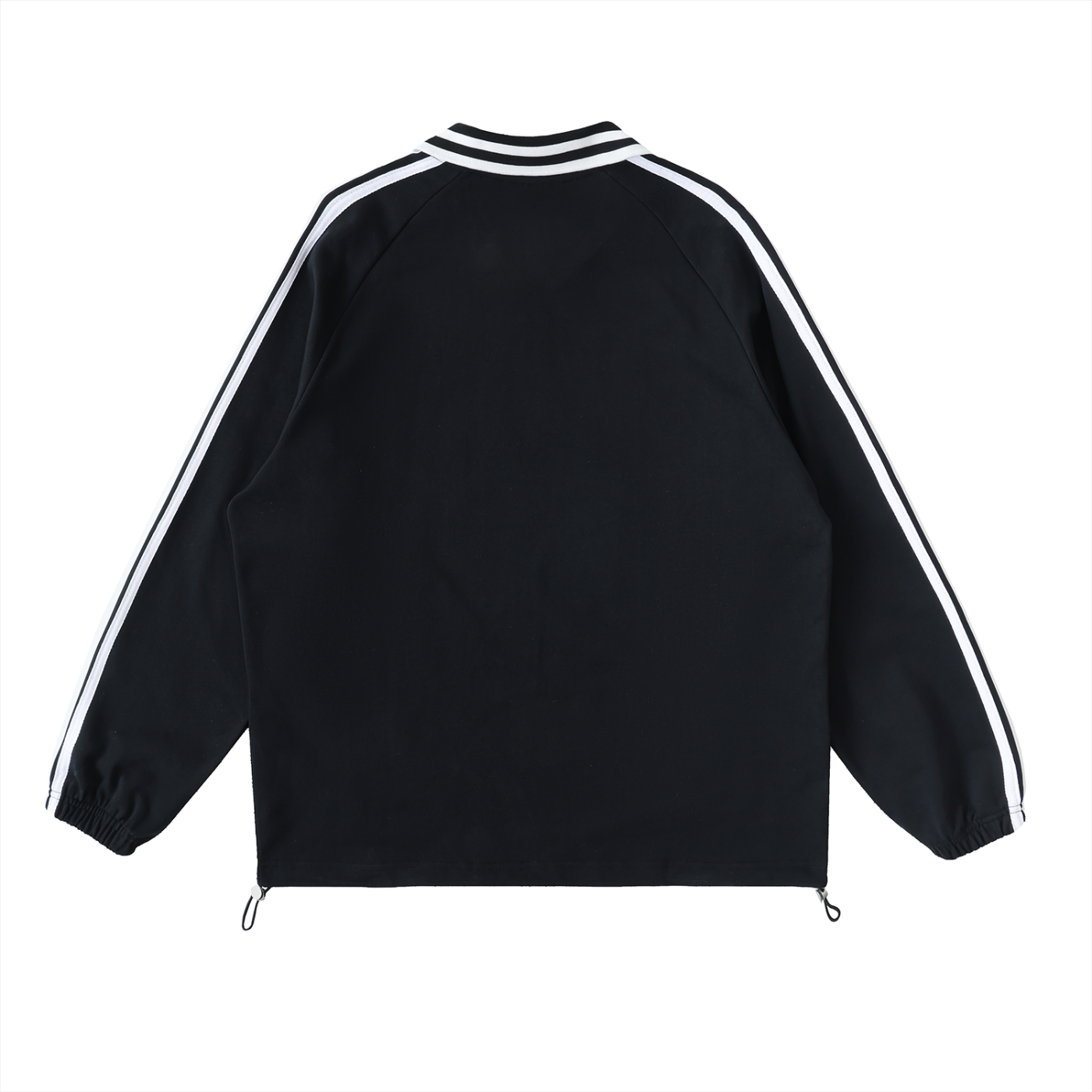 Back of a black jacket with white stripes on the sleeves and collar.