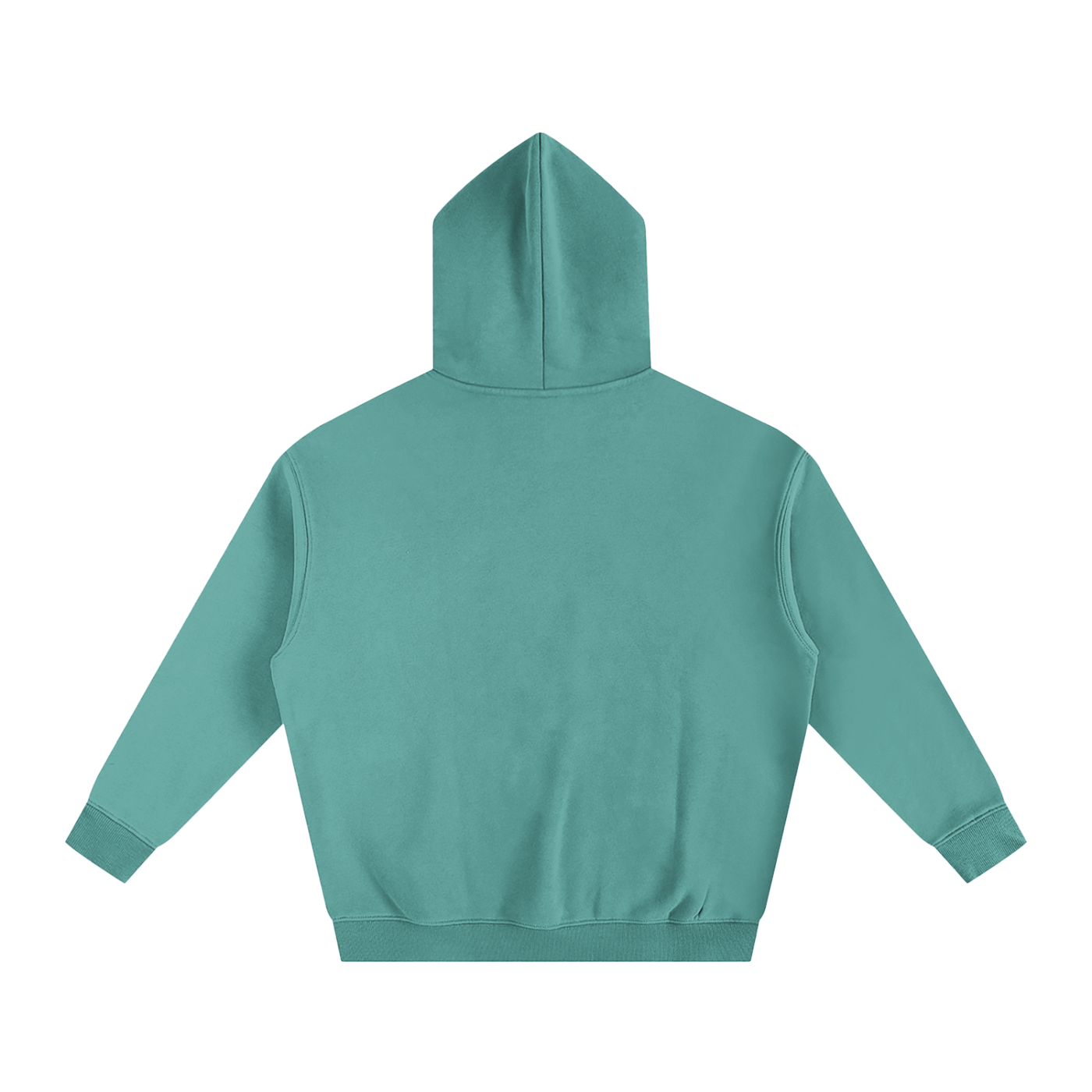 Turquoise hooded sweatshirt, back view.