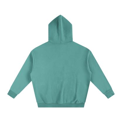 Turquoise hooded sweatshirt, back view.
