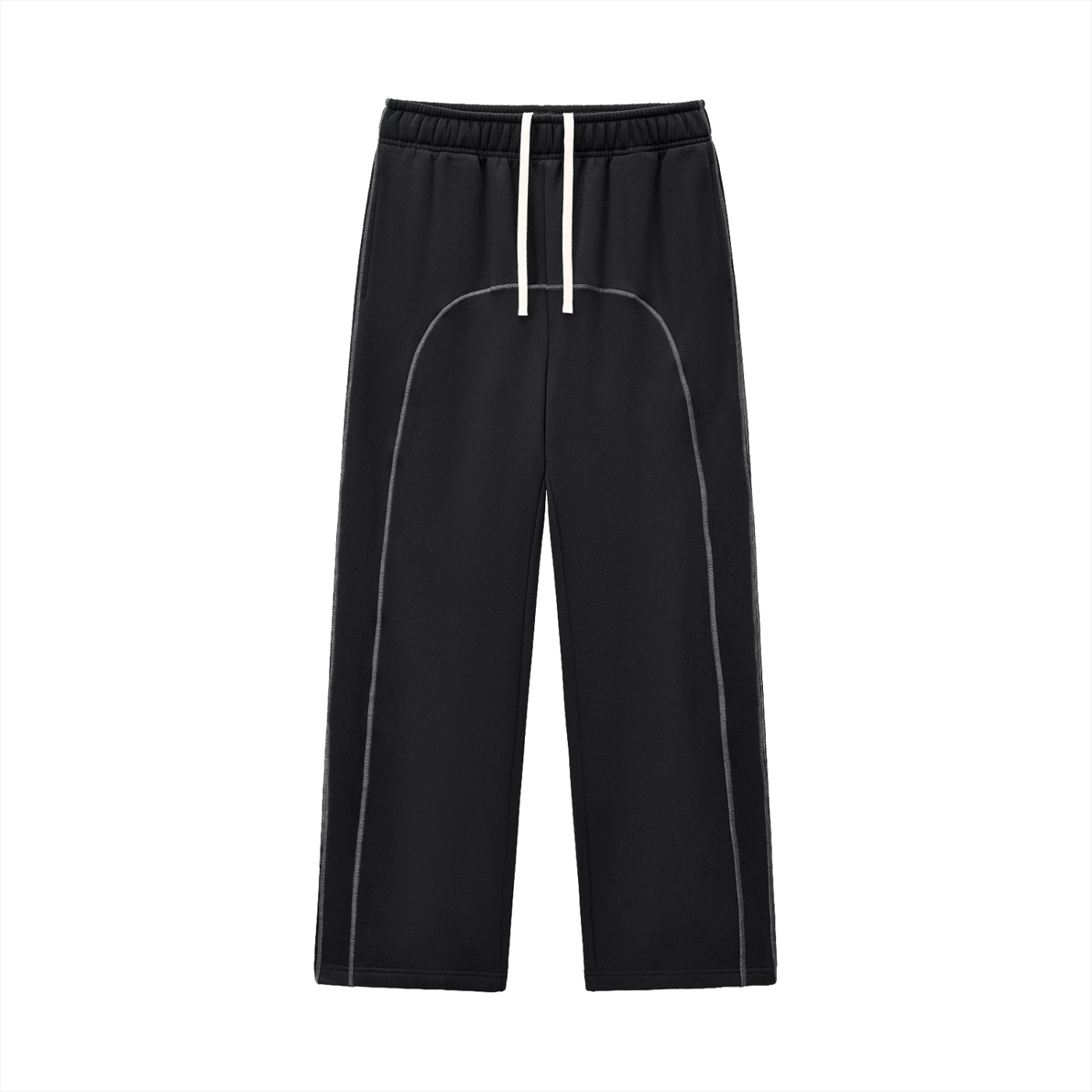 Black sweatpants with white drawstring.