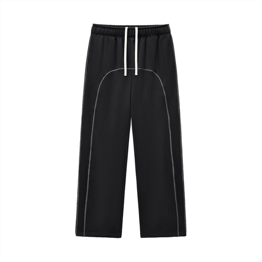 Black sweatpants with white drawstring.