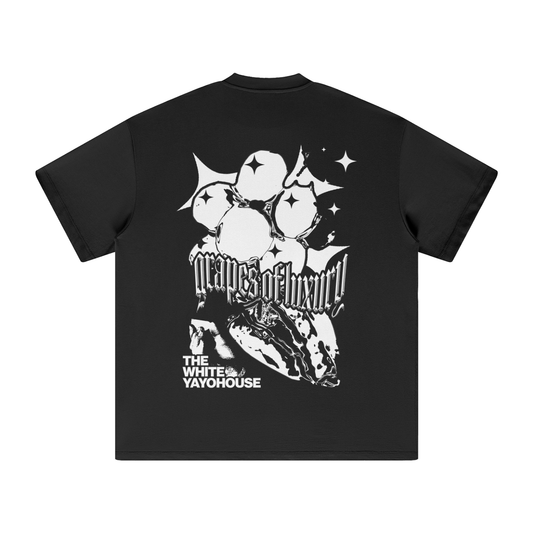 Black t-shirt with white graphic on the back.
