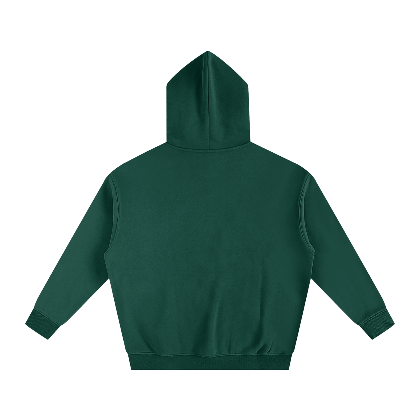 Dark green hoodie sweatshirt, back view.
