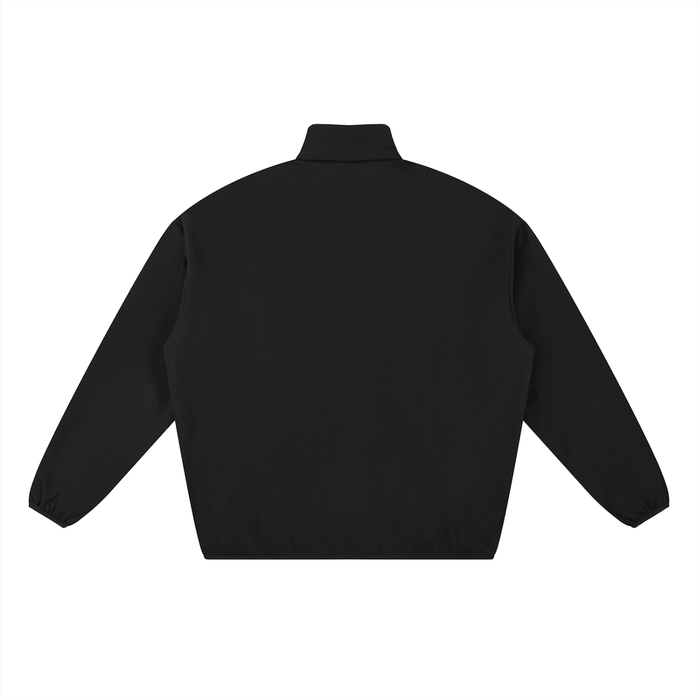 Back of a black zip-up jacket.