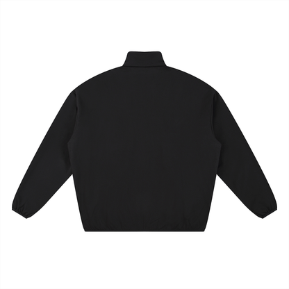 Back of a black zip-up jacket.