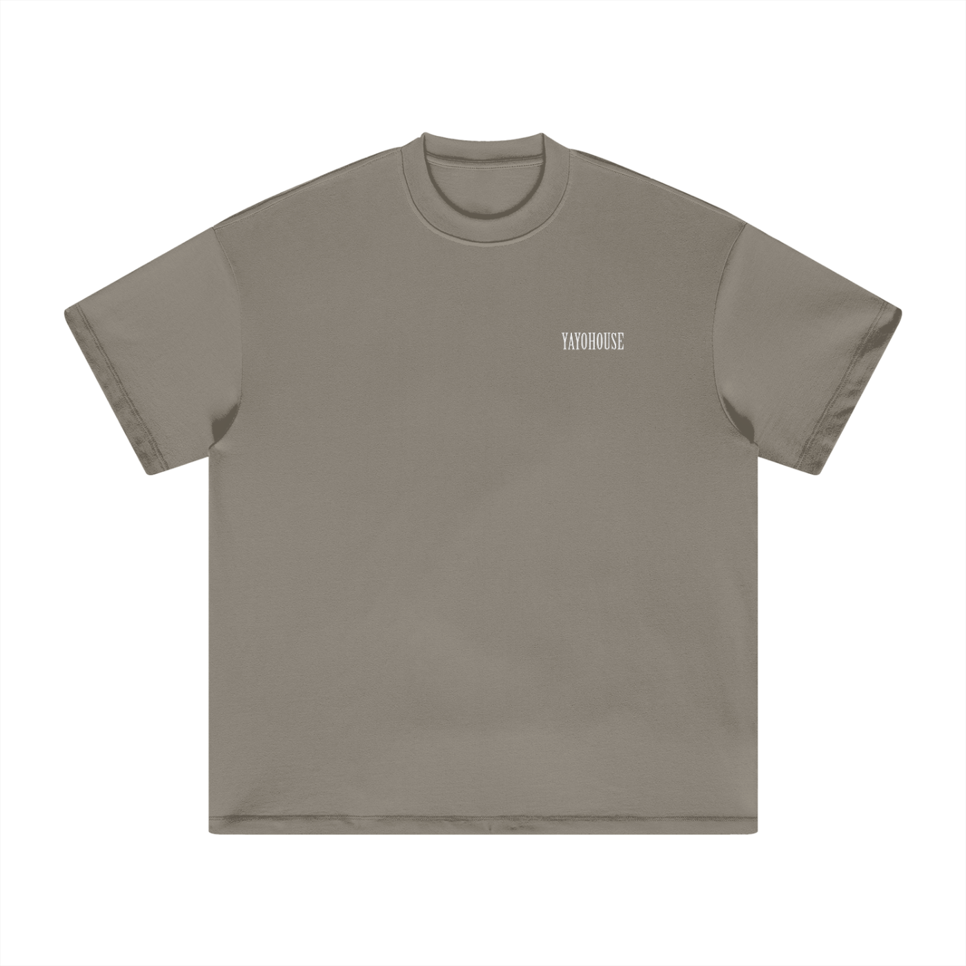 Taupe t-shirt with white logo.
