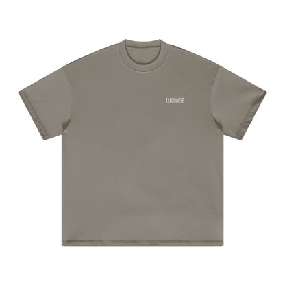 Taupe t-shirt with white logo.
