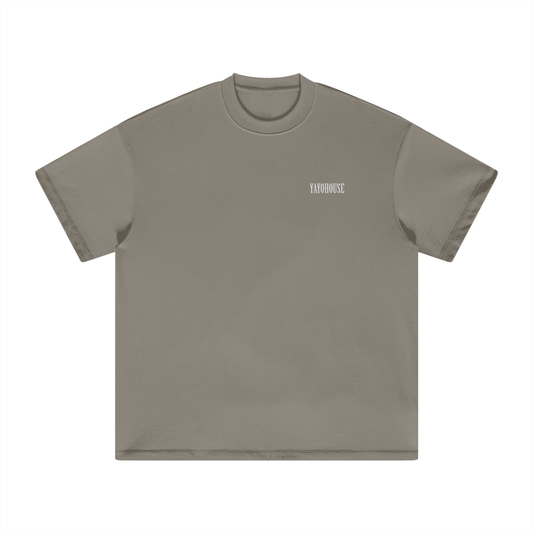 Taupe t-shirt with white logo.
