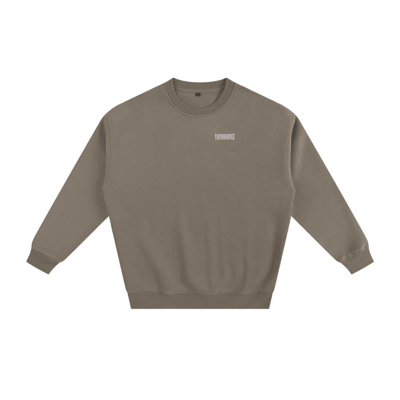 Brown sweatshirt with white text.