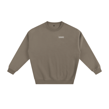Brown sweatshirt with white text.