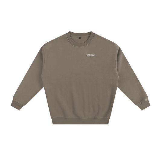 Brown sweatshirt with white text.