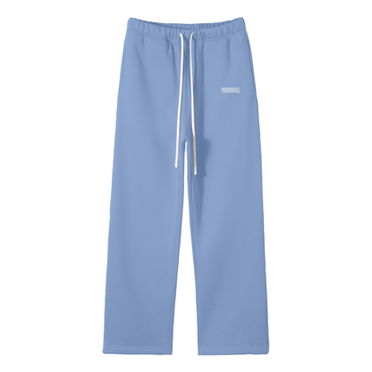 Blue sweatpants with white drawstring and printed logo.