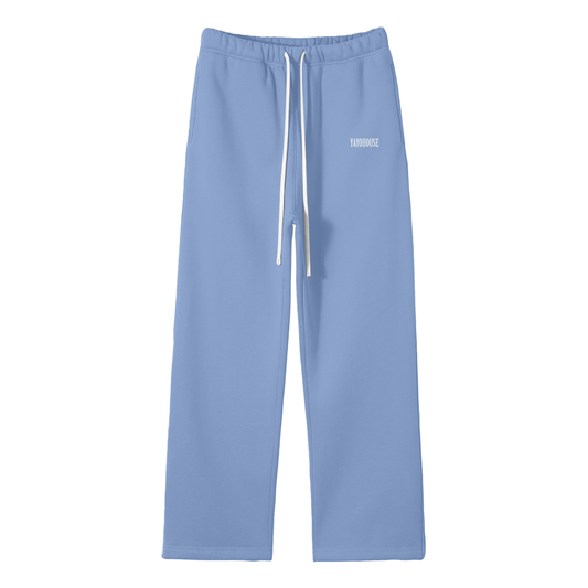 Blue sweatpants with white drawstring and printed logo.