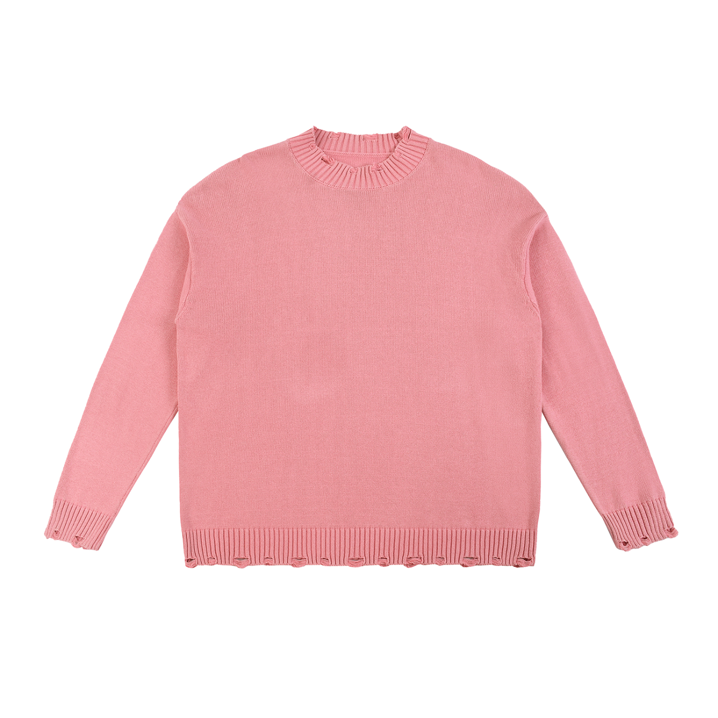 Pink knit sweater with distressed edges.
