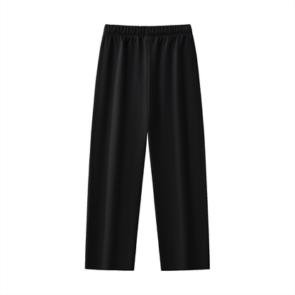 Black, loose-fitting pants with elastic waistband.