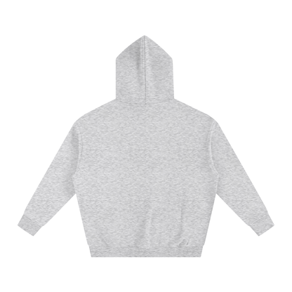Back of a gray hooded sweatshirt.