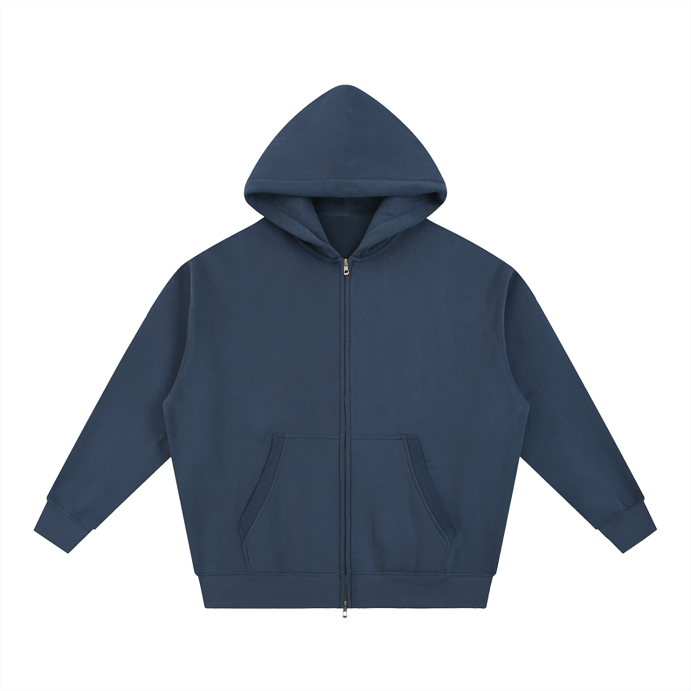 Blue zip-up hoodie with pockets.
