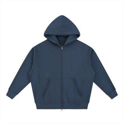 Blue zip-up hoodie with pockets.
