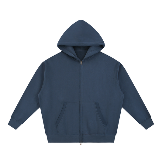 Blue zip-up hoodie with pockets.
